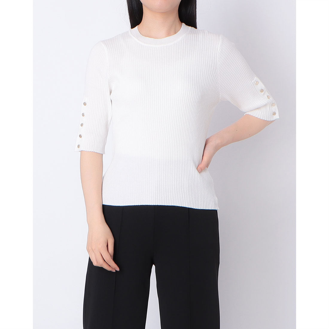 インタープラネット INTERPLANET 【CLOCHE】5分袖リブゴールド釦プルオーバー （ブラック） ブラック