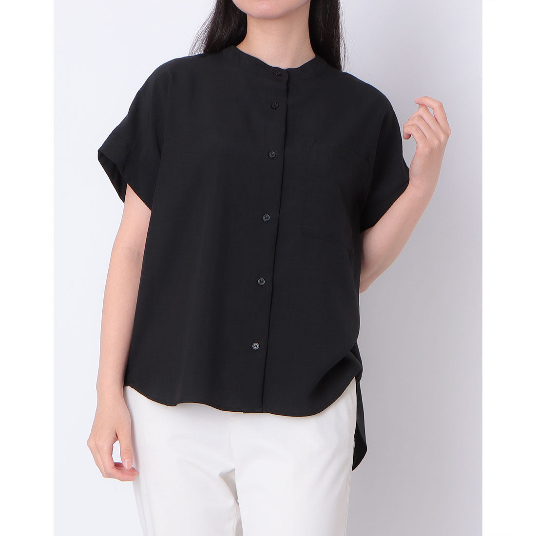 インタープラネット INTERPLANET 麻調バックテープ切替ブラウス （ブラック） ブラック