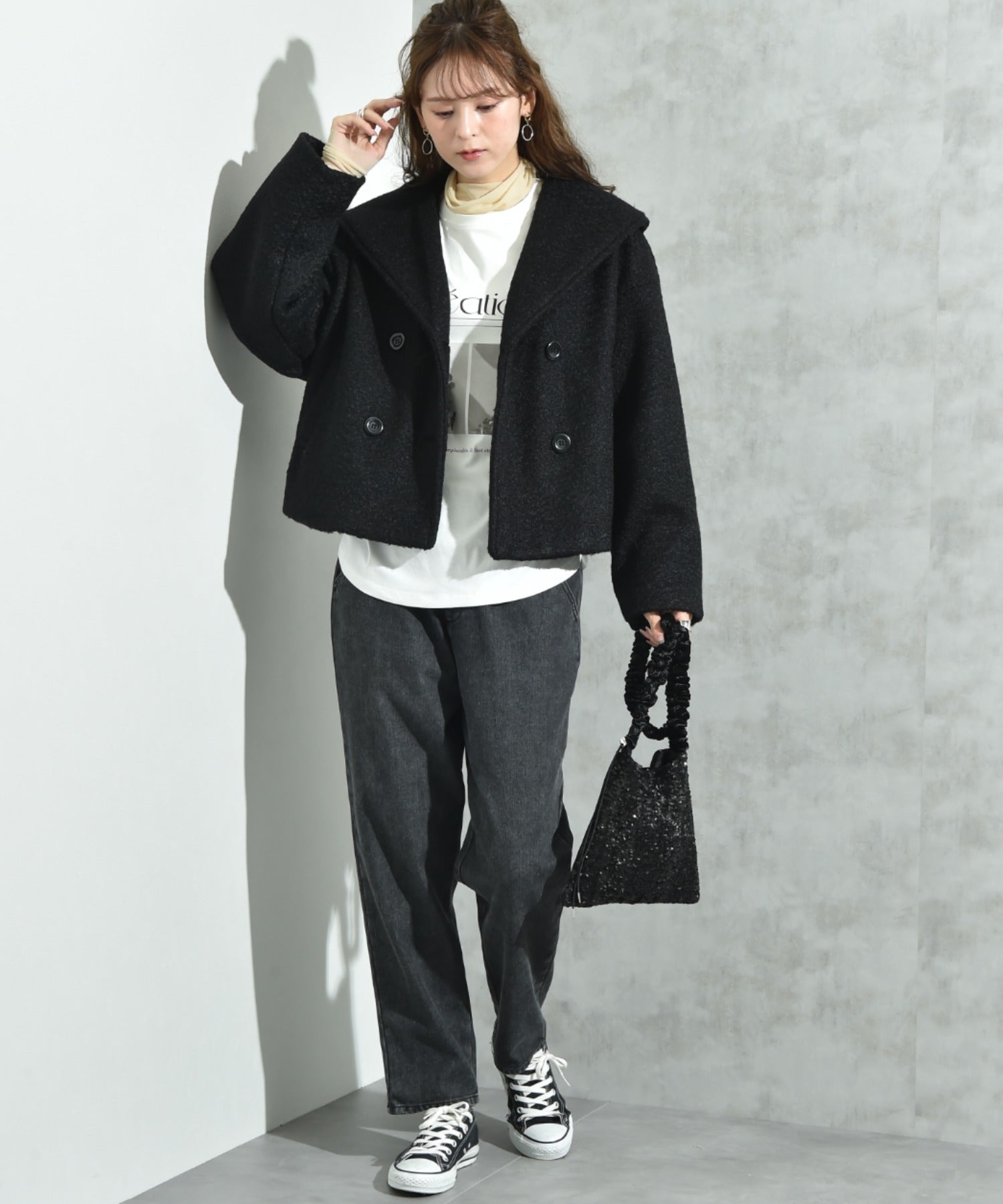 インタープラネット INTERPLANET フェイクウールリングニットショートコート （ブラック） ブラック