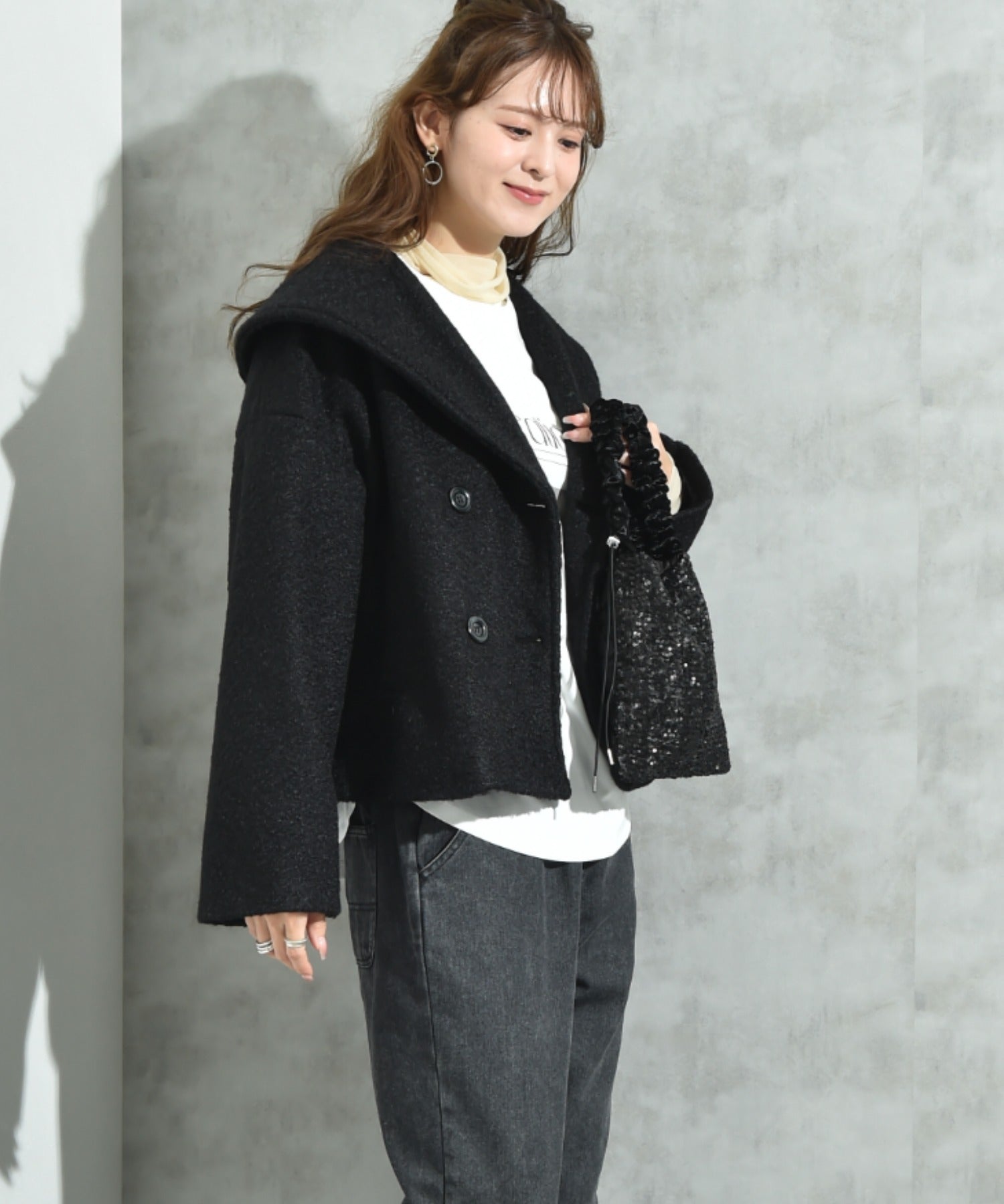 インタープラネット INTERPLANET フェイクウールリングニットショートコート （ブラック） ブラック