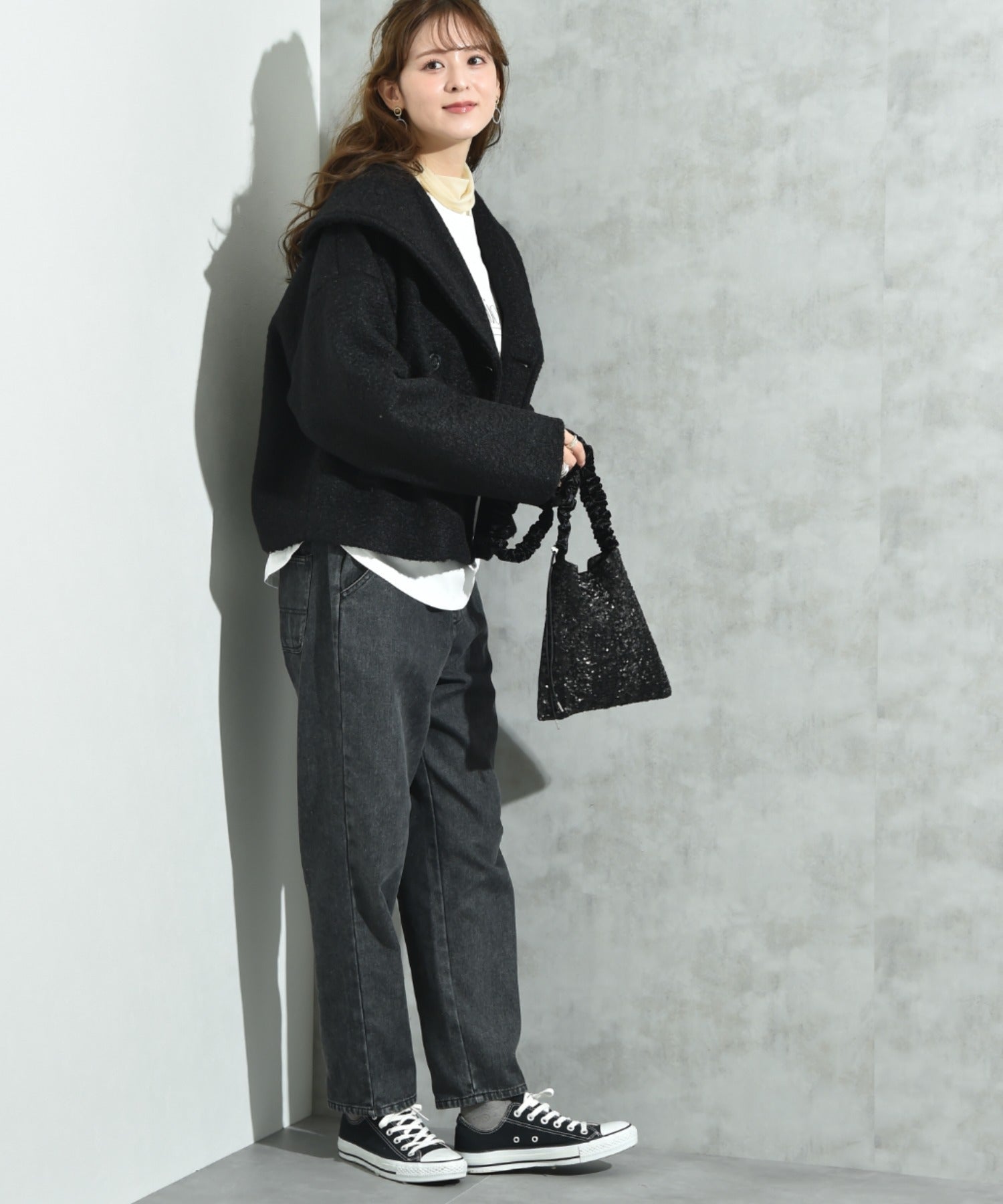 インタープラネット INTERPLANET フェイクウールリングニットショートコート （ブラック） ブラック