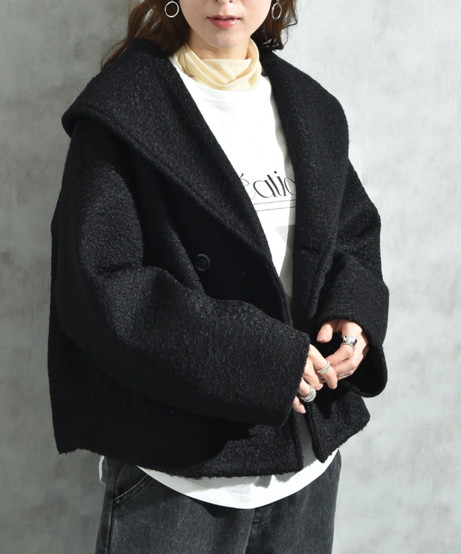 インタープラネット INTERPLANET フェイクウールリングニットショートコート （ブラック） ブラック