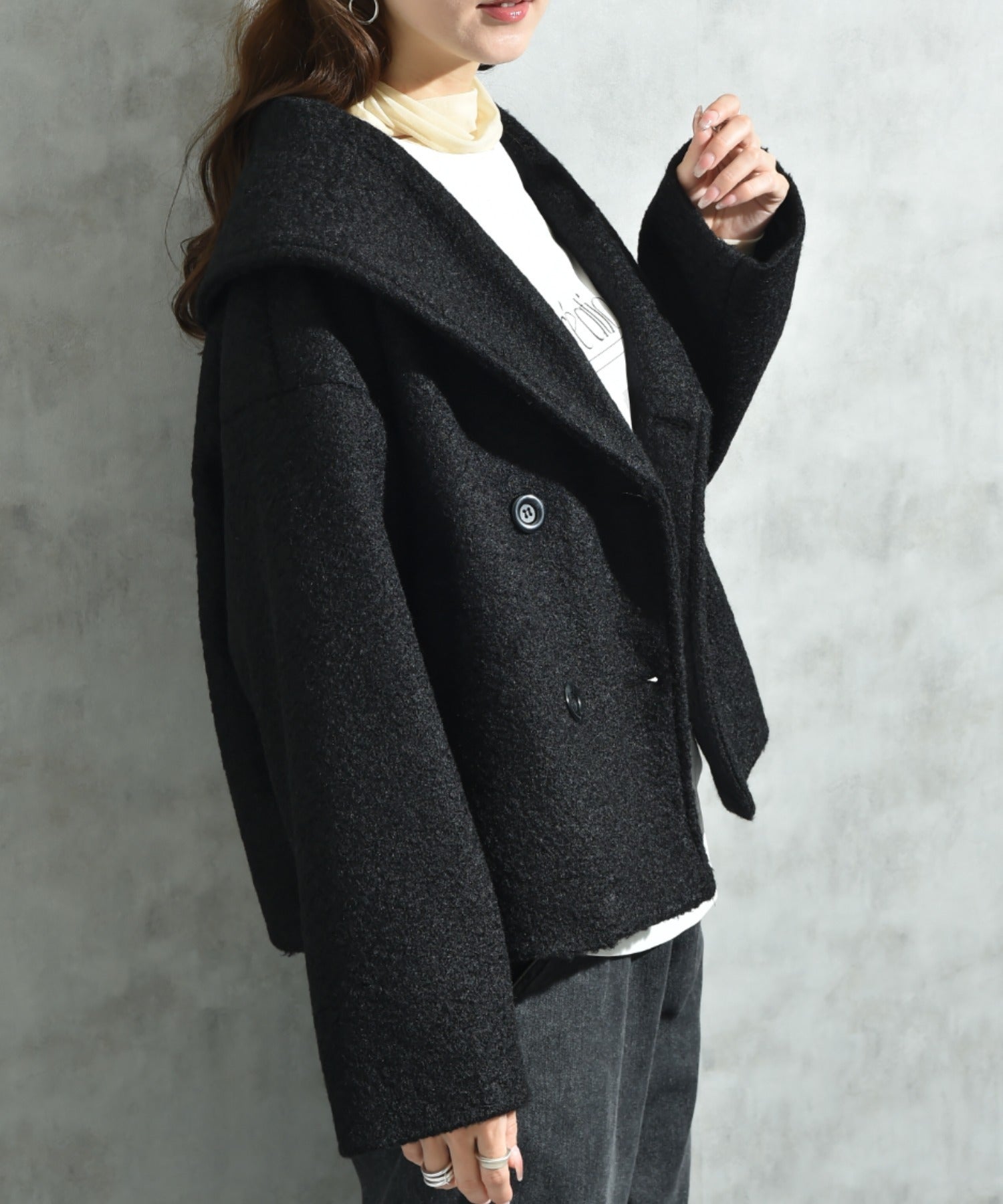 インタープラネット INTERPLANET フェイクウールリングニットショートコート （ブラック） ブラック