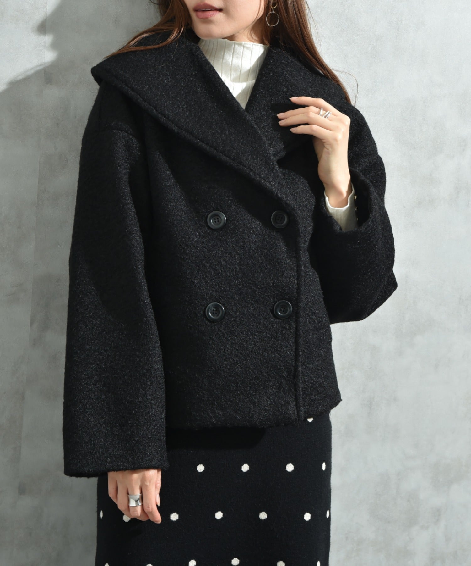 インタープラネット INTERPLANET フェイクウールリングニットショートコート （ブラック） ブラック