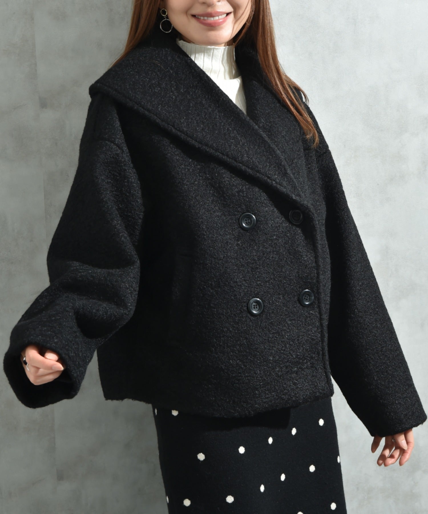 インタープラネット INTERPLANET フェイクウールリングニットショートコート （ブラック） ブラック