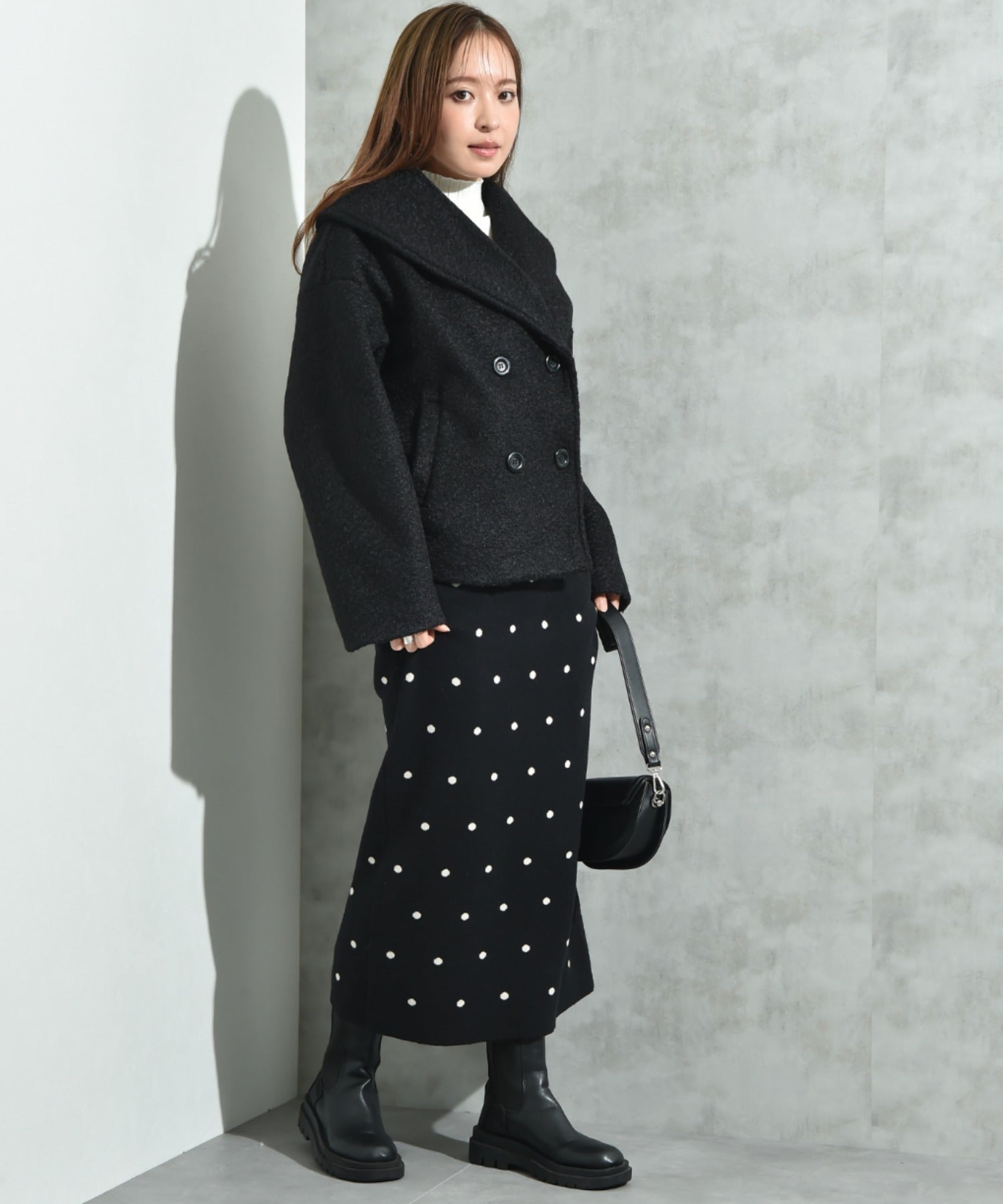 インタープラネット INTERPLANET フェイクウールリングニットショートコート （ブラック） ブラック