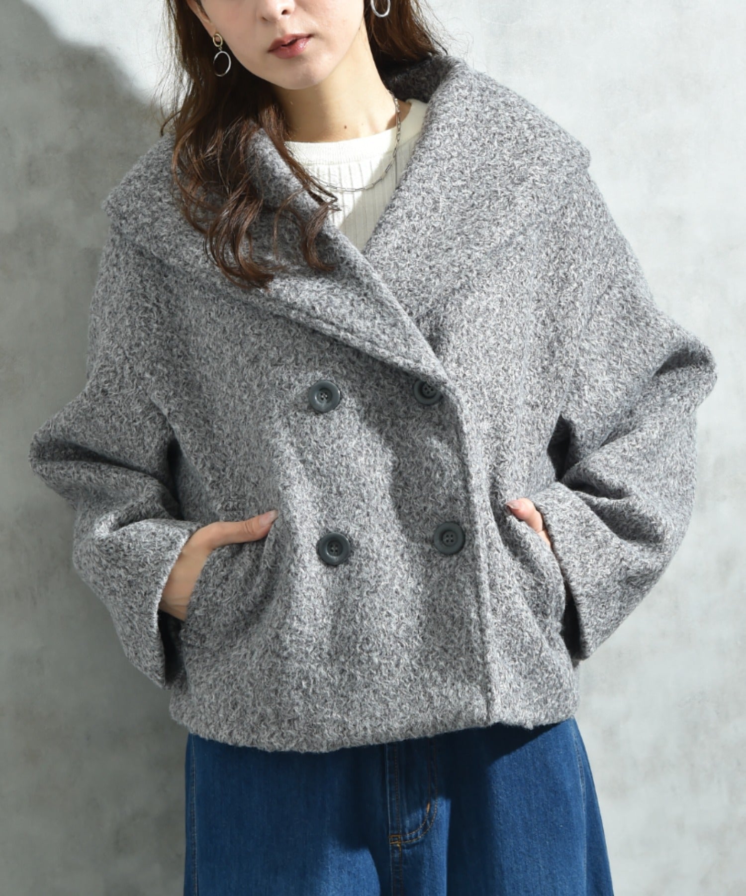 インタープラネット INTERPLANET フェイクウールリングニットショートコート （グレー） グレー