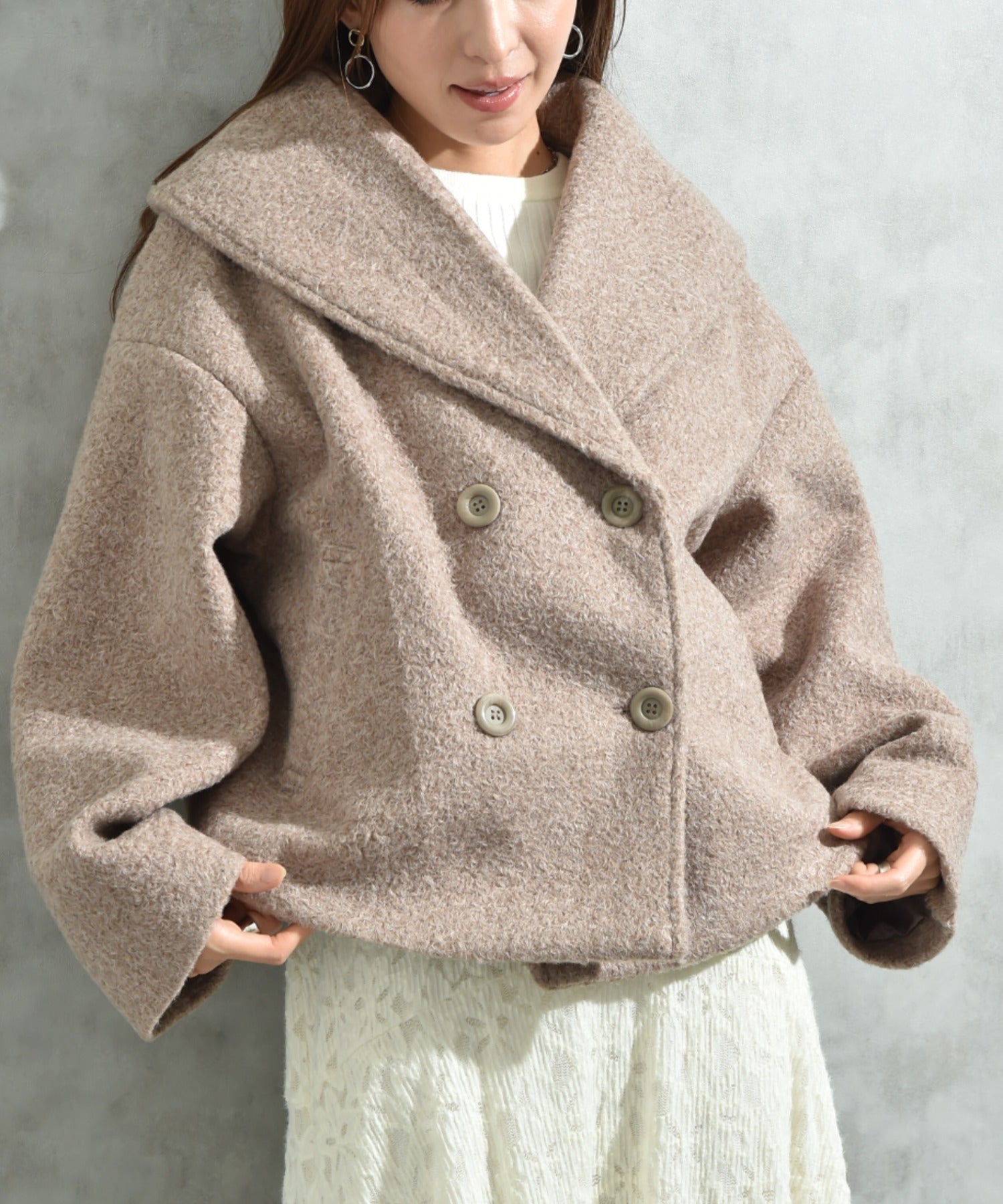 インタープラネット INTERPLANET フェイクウールリングニットショートコート （モカ） モカ