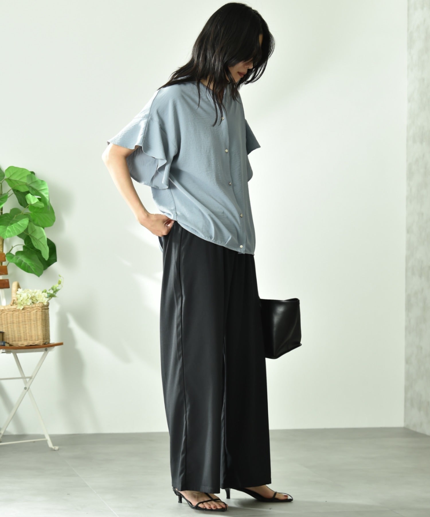 インタープラネット INTERPLANET 麻調合繊ワイドパンツ （ブラック） ブラック