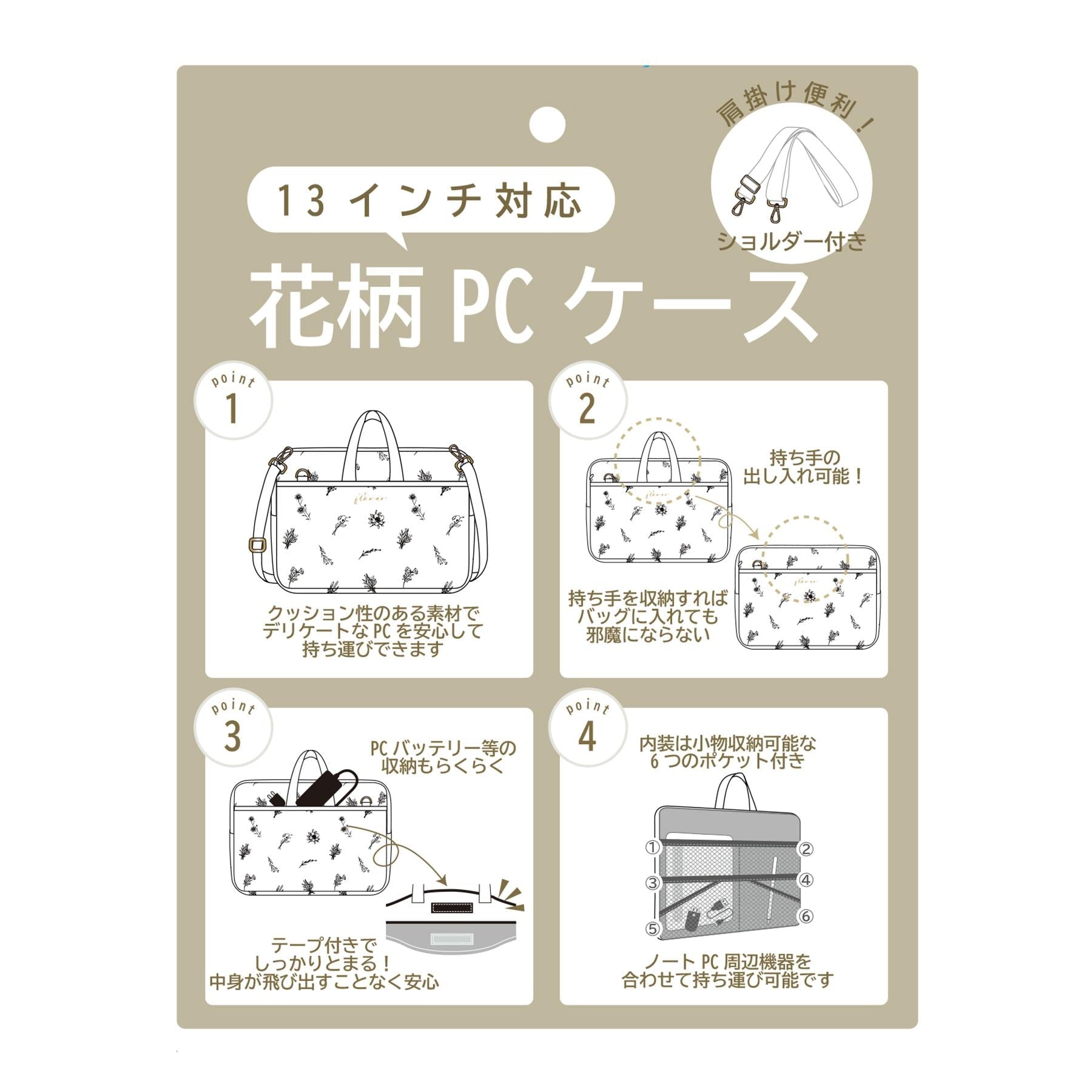 イッツデモ ITS'DEMO 【3WAY／9ポケット／通勤】花柄PCトート （オフホワイト(103)） オフホワイト(103)