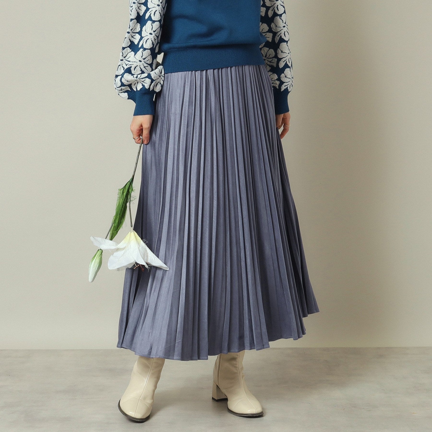 ITS' DEMO ITS'DEMO 【Elastic Waist / Hand Washable】 Fake Suede Pleated Skirt