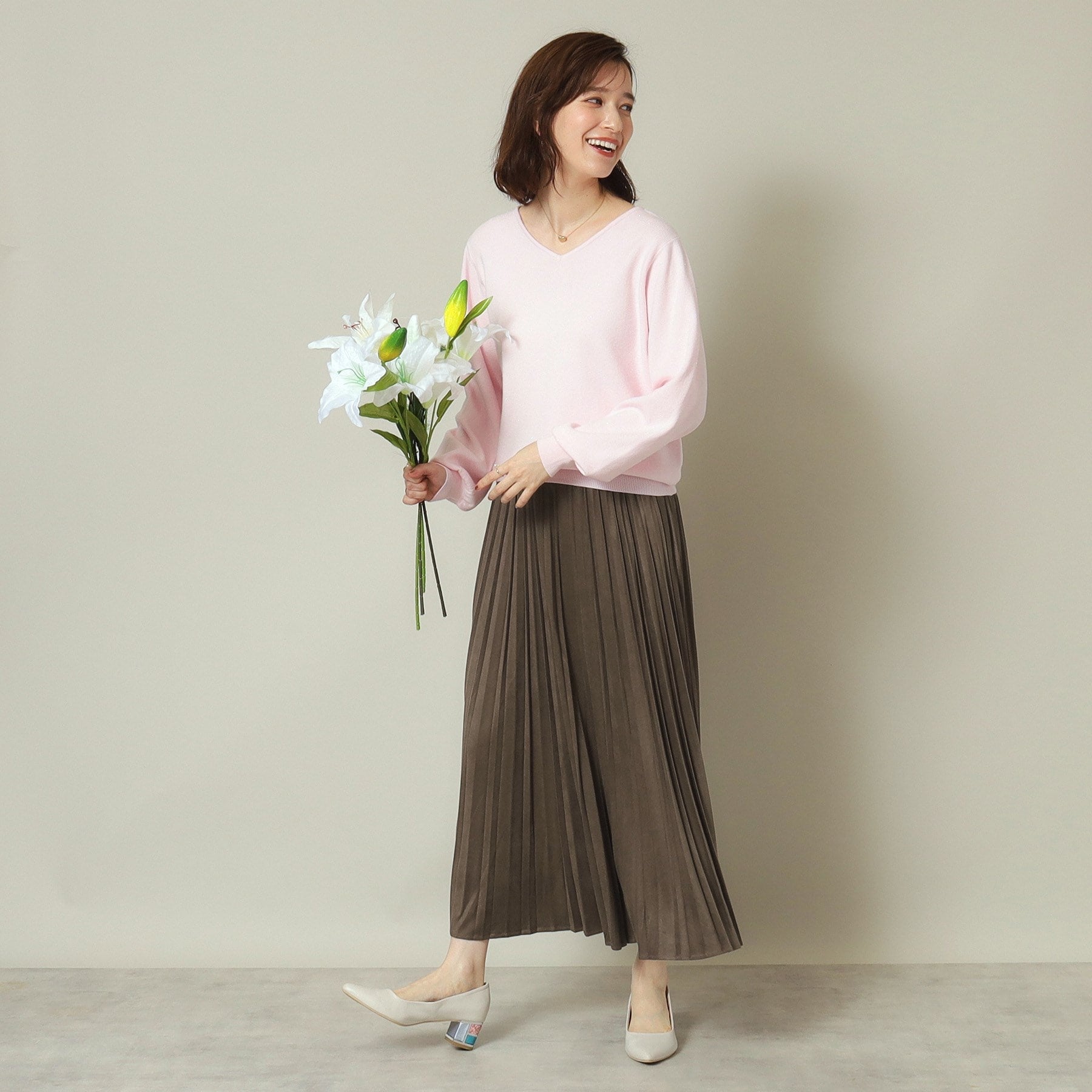 ITS' DEMO ITS'DEMO 【Elastic Waist / Hand Washable】 Fake Suede Pleated Skirt