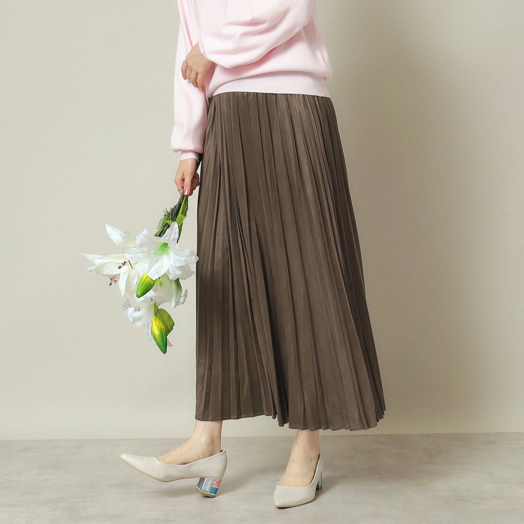 ITS' DEMO ITS'DEMO 【Elastic Waist / Hand Washable】 Fake Suede Pleated Skirt
