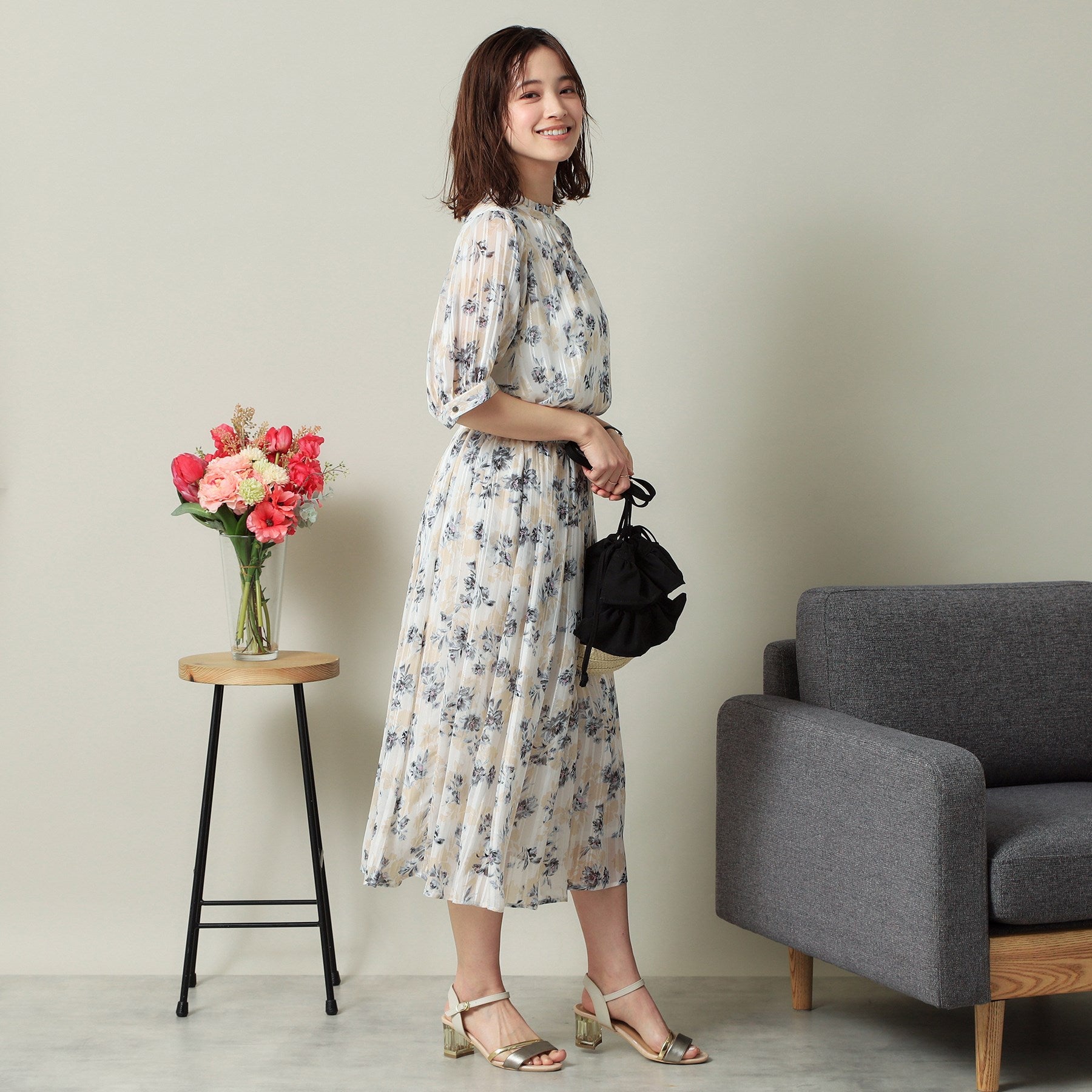 イッツデモ ITS'DEMO 【ウエストゴム／手洗い可】ラメストライプ花柄スカート （オフホワイト(103)） オフホワイト(103)