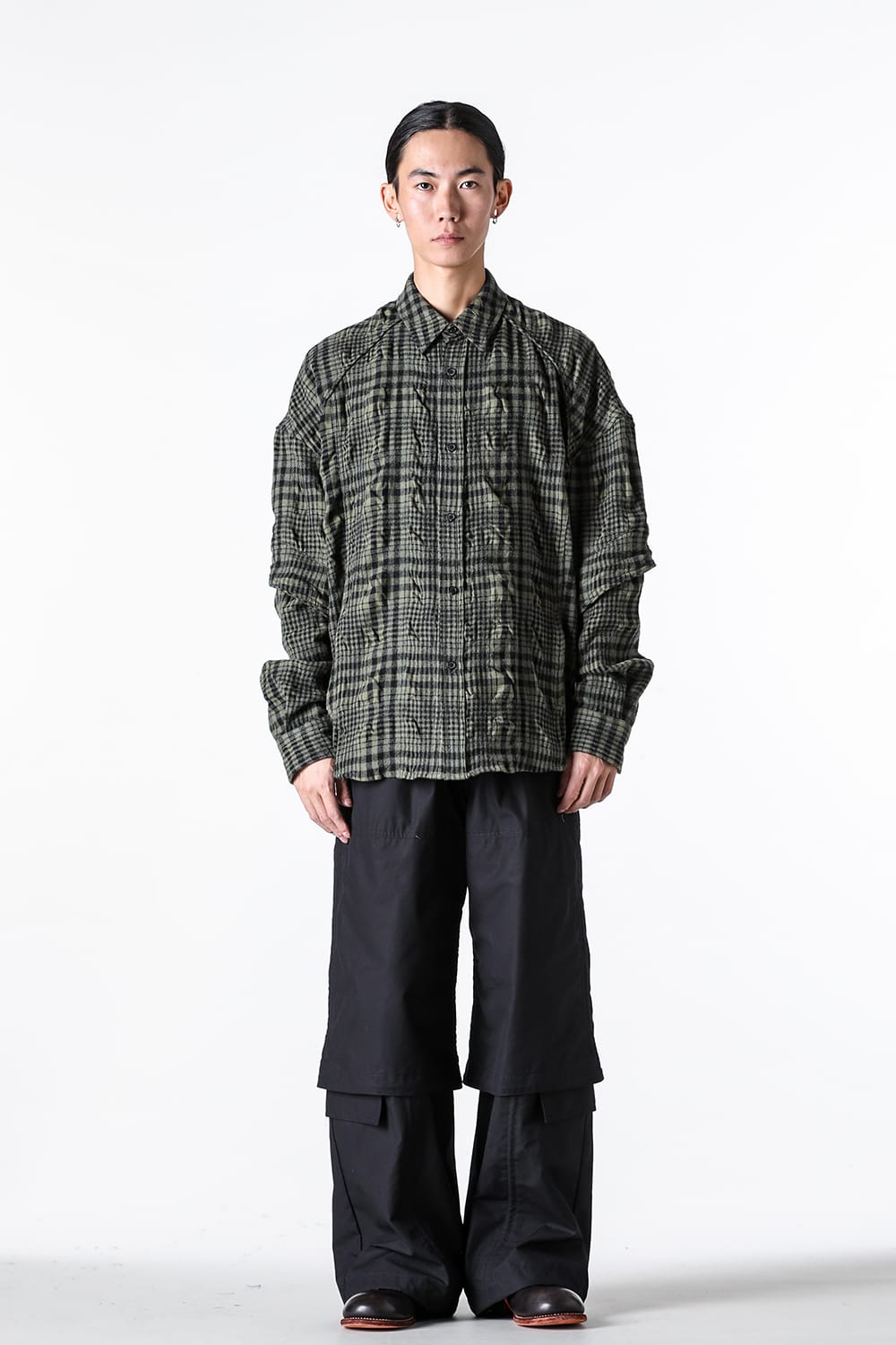 ジュン ジー Juun.J Dual Sleeve Crinkled Check Shirts （Khaki） Khaki