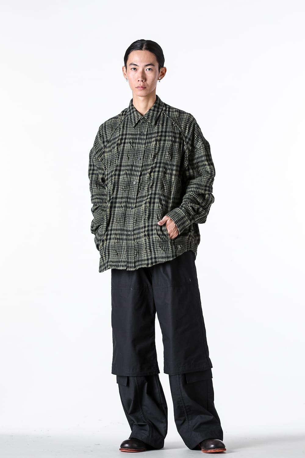 ジュン ジー Juun.J Dual Sleeve Crinkled Check Shirts （Khaki） Khaki