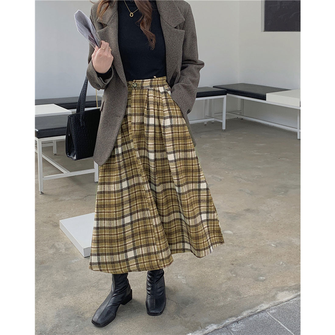 ジュエローブ Jewelobe シャギーチェックフレアスカート,ベージュ