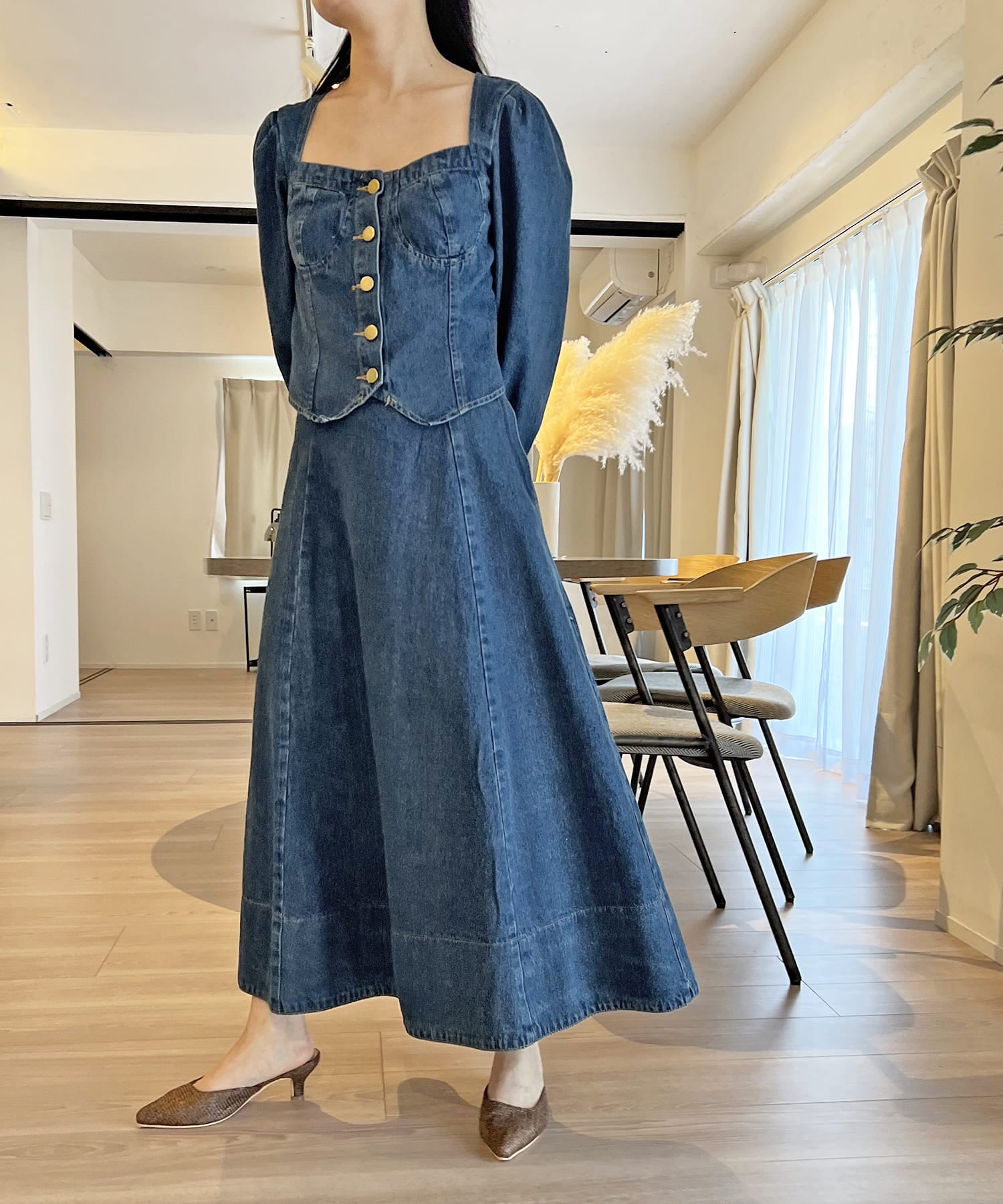 ジュエローブ Jewelobe ビスチェジャケット×フレアスカート デニムセットアップ,ネイビー