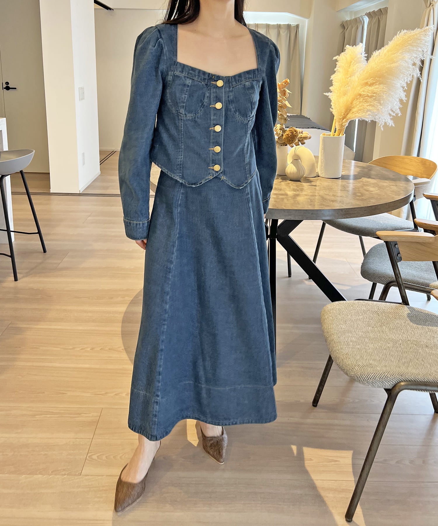 ジュエローブ Jewelobe ビスチェジャケット×フレアスカート デニムセットアップ