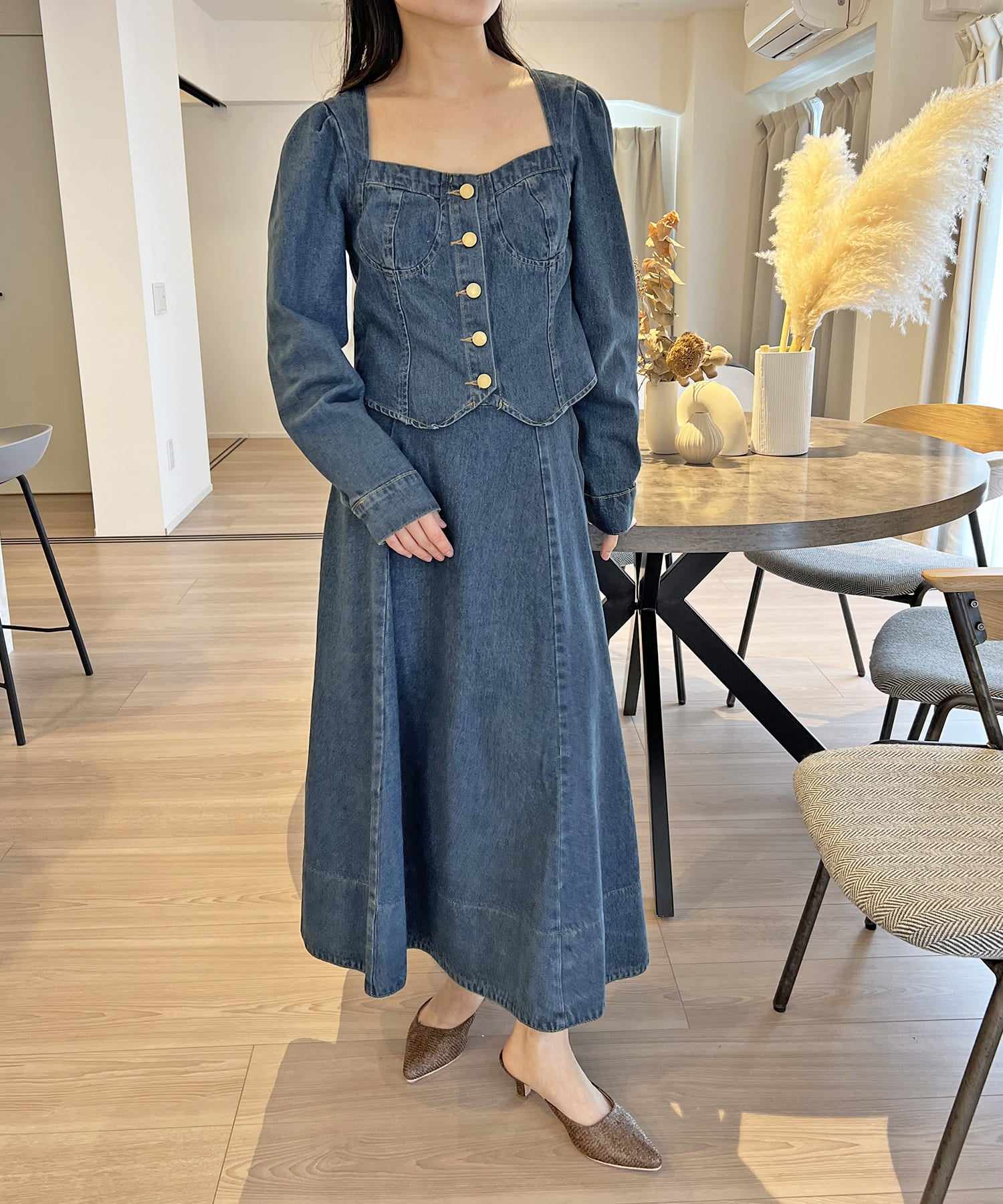 ジュエローブ Jewelobe ビスチェジャケット×フレアスカート デニムセットアップ