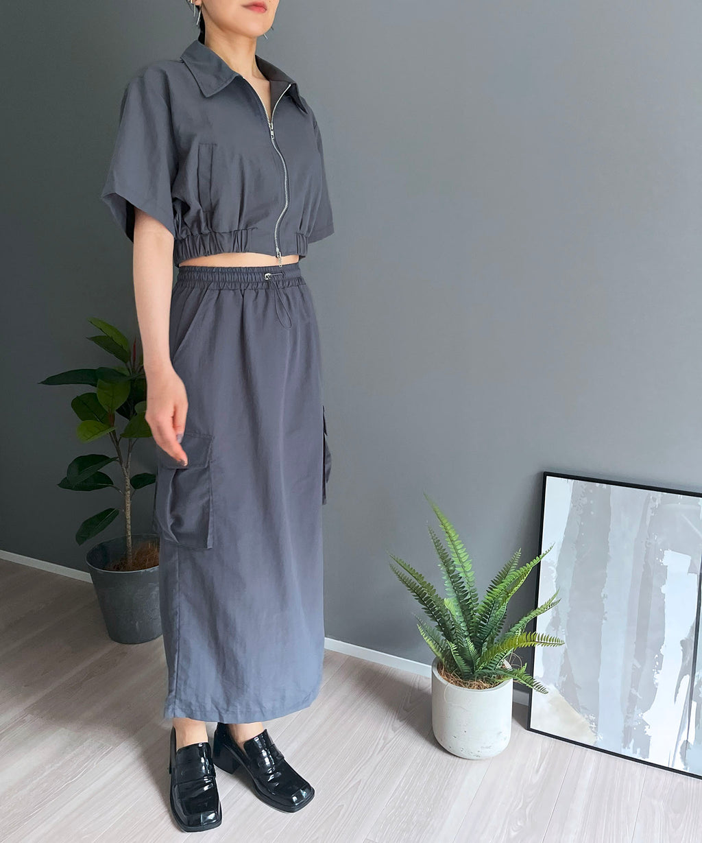 ジュエローブ Jewelobe CPOジップアップシャツ×カーゴスカート ナイロンライクセットアップ （グレー） ジュエローブ Jewelobe CPOジップアップシャツ×カーゴスカート