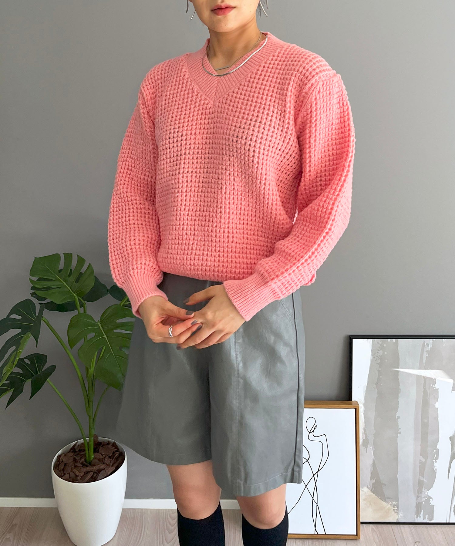 ジュエローブ Jewelobe ワッフル編みVネックルーズニット （ピンク） ピンク