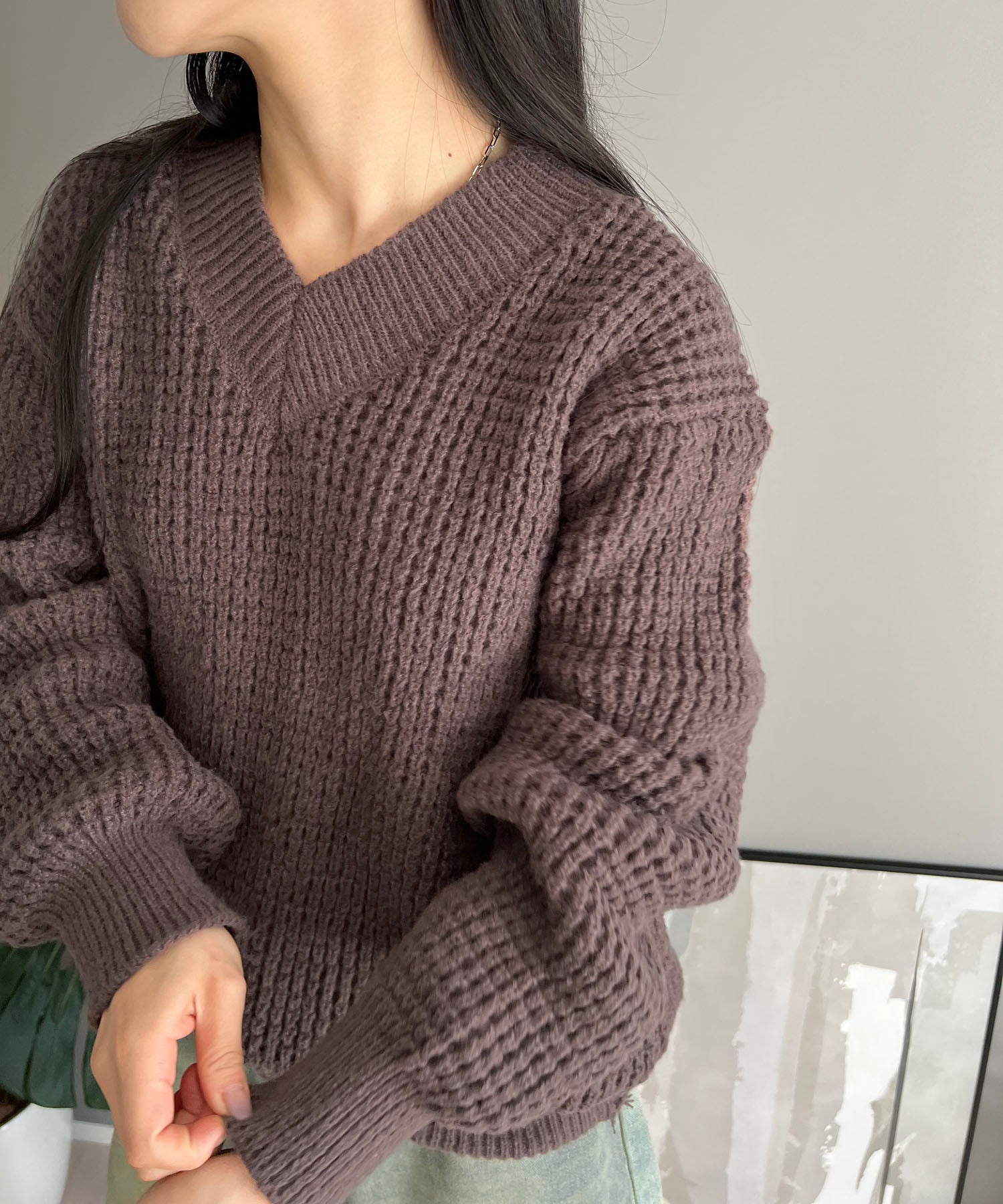 ジュエローブ Jewelobe ワッフル編みVネックルーズニット （ブラウン） ブラウン