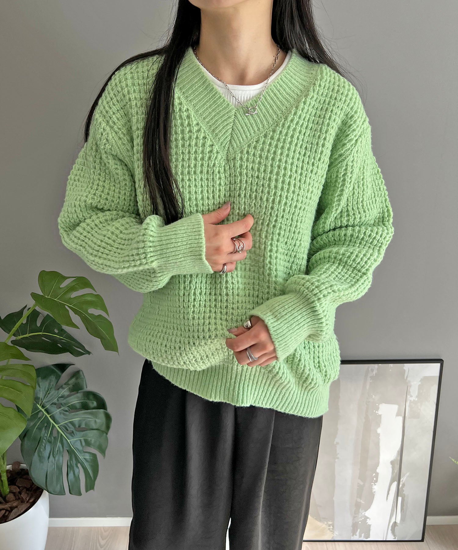 ジュエローブ Jewelobe ワッフル編みVネックルーズニット （グリーン） グリーン