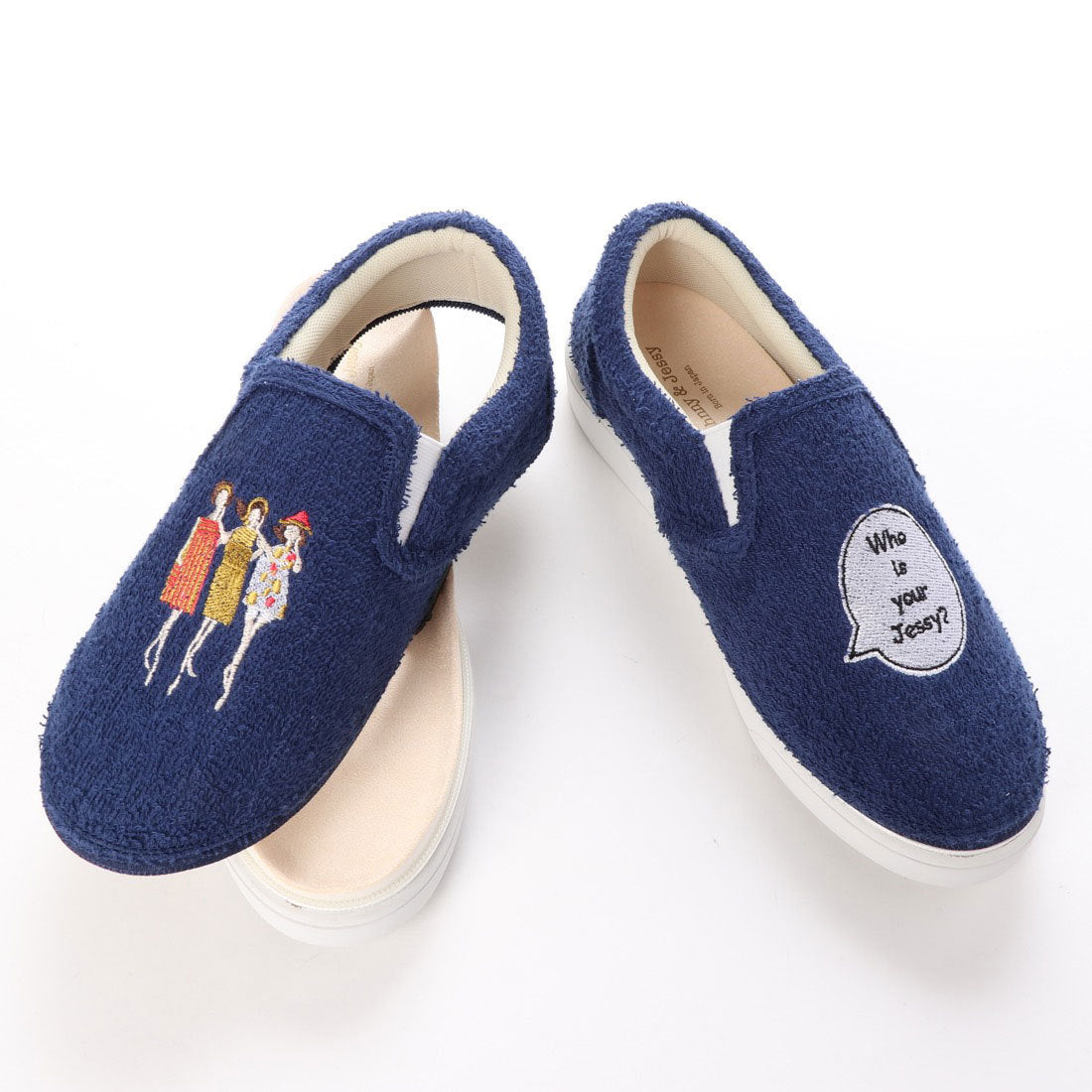 ジョニーアンドジェシー Johnny & Jessy Who is your Jessy- 刺繍 ゴムスリッポン,ネイビー