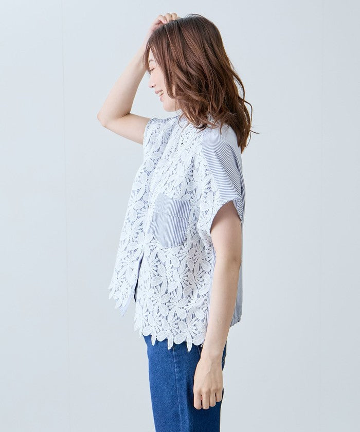 ジャイロ JAYRO コードレースストライプブラウス   N72ー201A （グレー） グレー