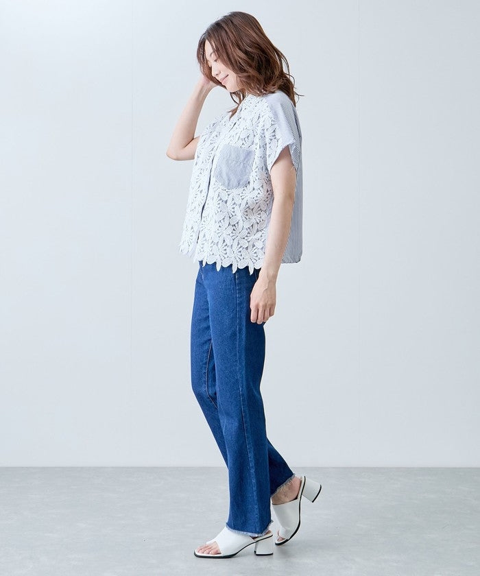 ジャイロ JAYRO コードレースストライプブラウス   N72ー201A （グレー） グレー