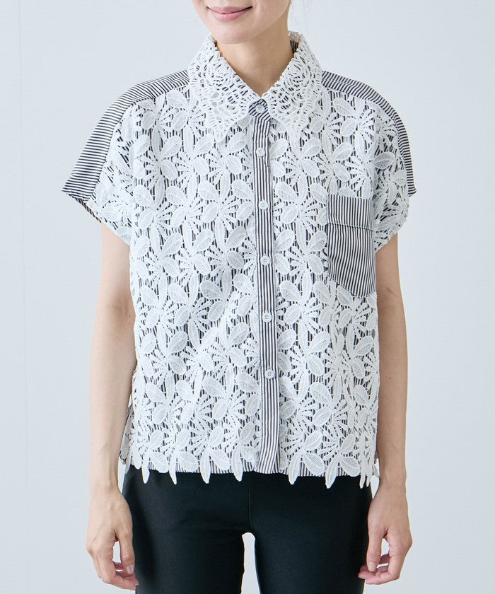 ジャイロ JAYRO コードレースストライプブラウス   N72ー201A （グレー） グレー