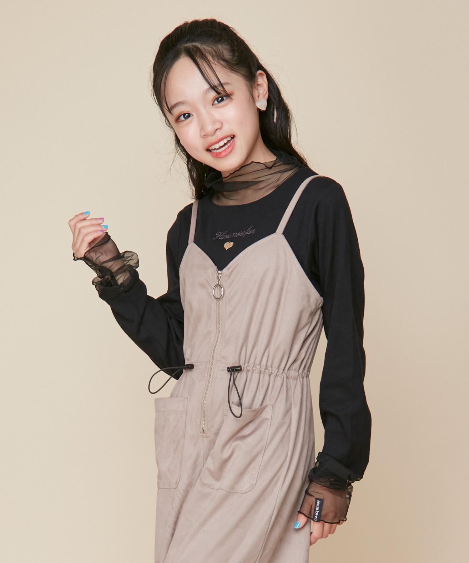 ジェニィラブ JENNI love そでチュール切替えリブロンT,ブラック