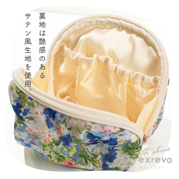 エクレボ exrevo ポーチ 大きめ シフォン かわいい マチ 自立 花柄 春夏 大容量 機能的 ナプキン 化粧ポーチ 大人可愛い 仕切り
