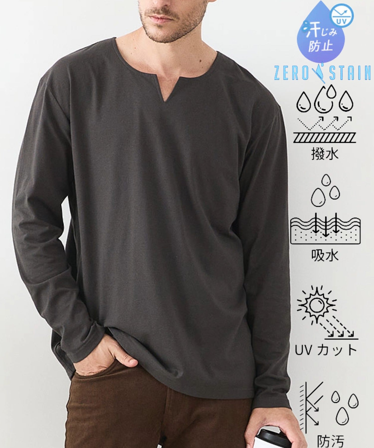 ジーンズメイト JEANS MATE 汗染み 防止 キーネック ロンT ZERO STAIN ゼロステイン （スミクロ） スミクロ