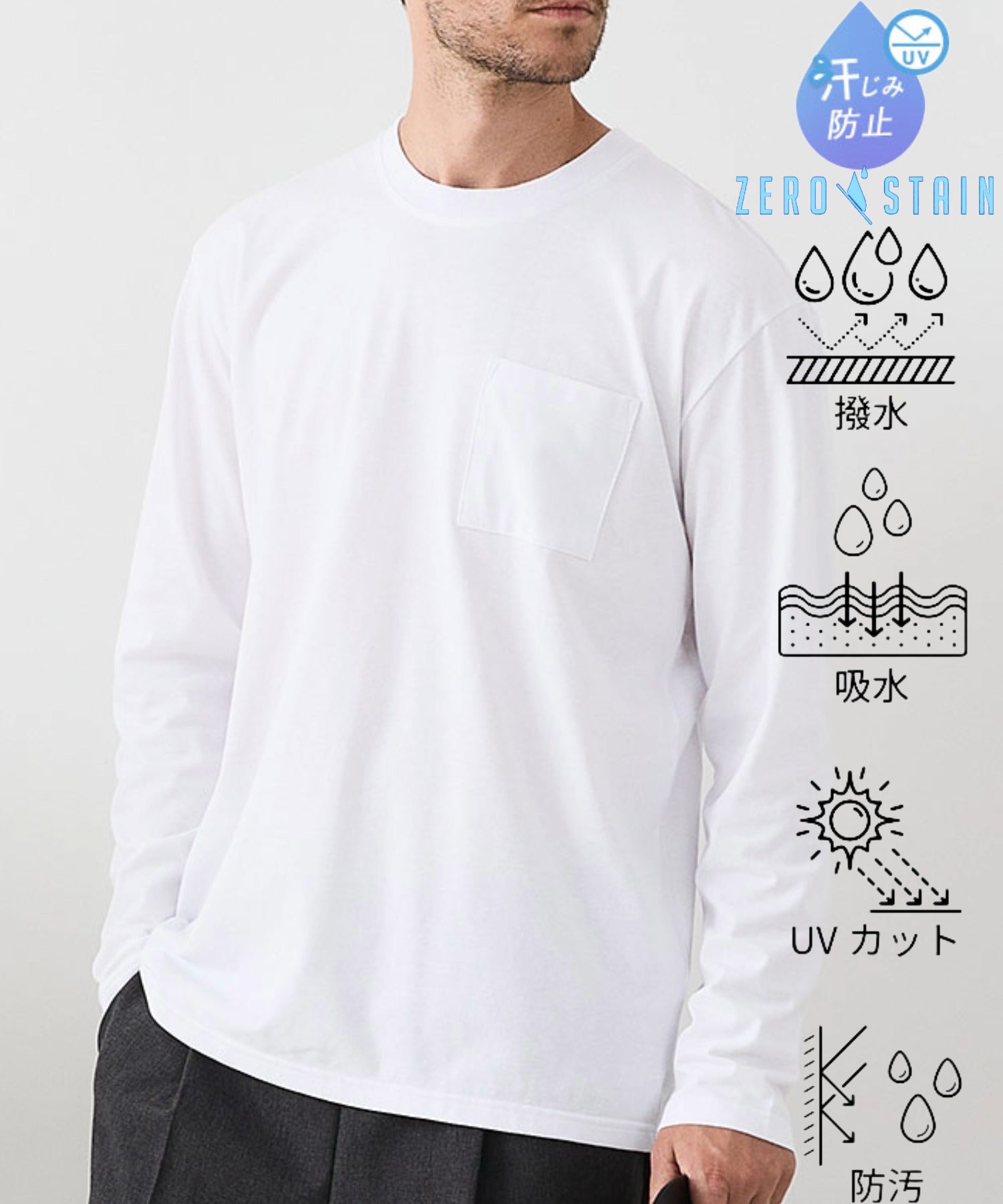 ジーンズメイト JEANS MATE 汗染み 防止 胸ポケ クルーネック ロンT ZERO STAIN ゼロステイン （ホワイト） ホワイト