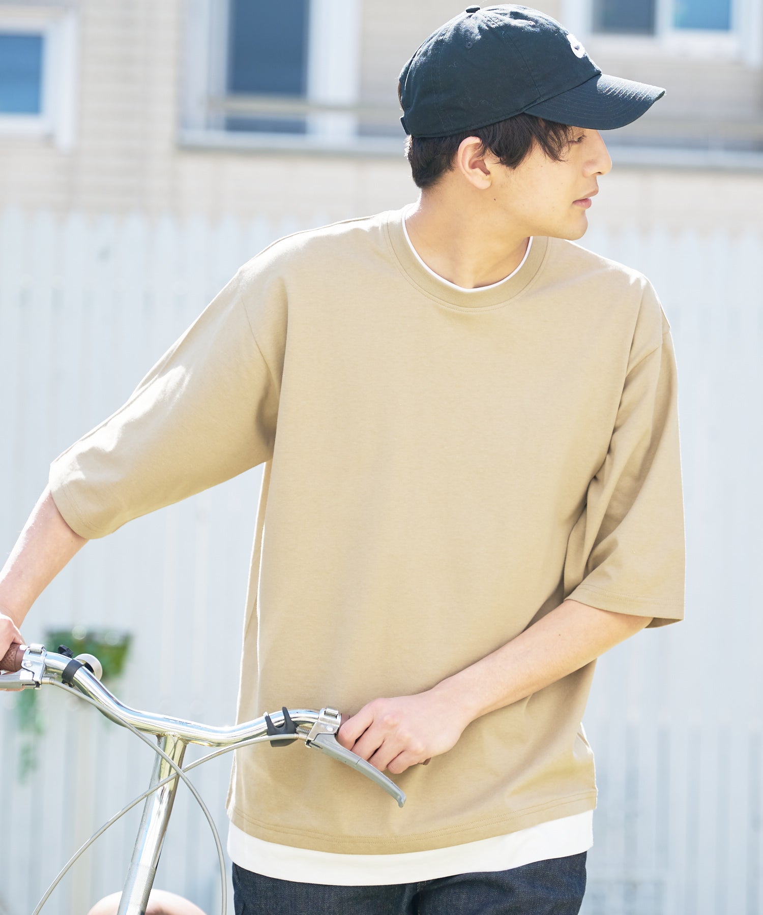 ジーンズメイト JEANS MATE 【ZEROSTAIN】着るだけで 汗染み対策 フェイクレイヤード ビッグ T オーバーサイズ BIG シルエット 重ね着風 （オリーブ） オリーブ