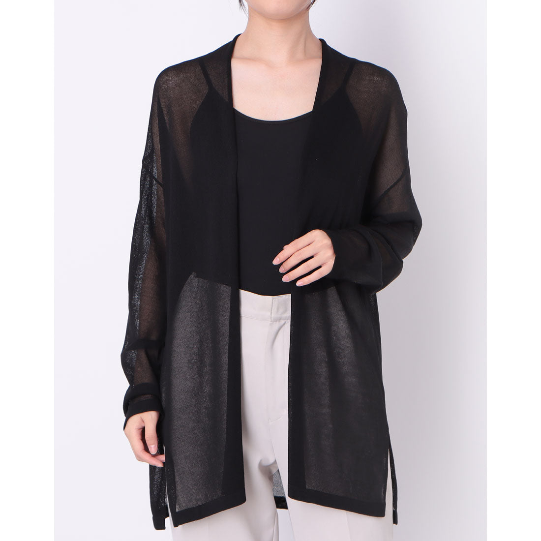 ジーンズメイト JEANS MATE シャリシャリ素材 シアー ロングカーディガン C-FORT POINT （ブラック） ブラック