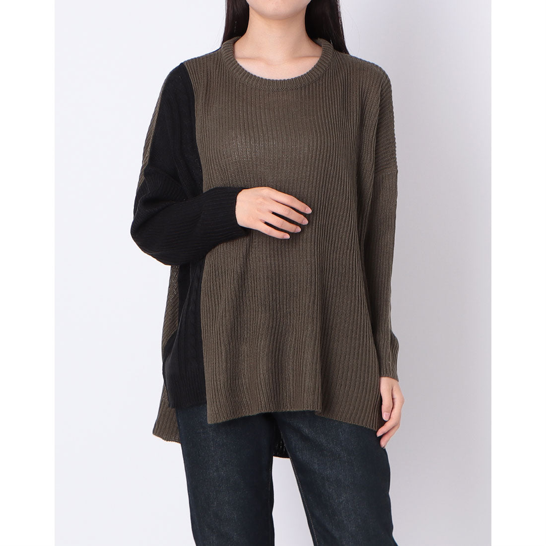 ジーンズメイト JEANS MATE パッチワーク 配色ニット C-FORT POINT （カーキ） カーキ