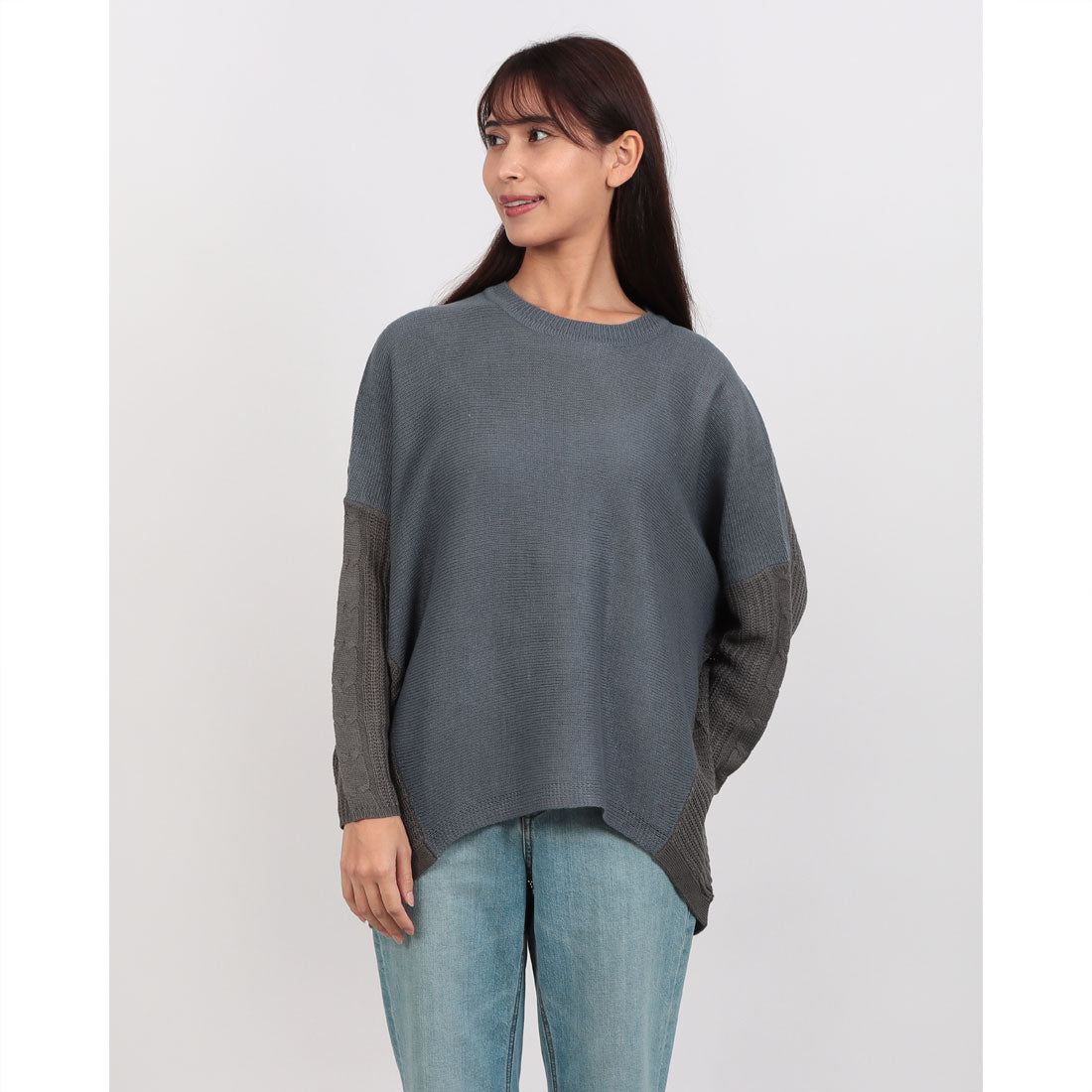 ジーンズメイト JEANS MATE 袖ケーブル 配色ニット C-FORT POINT （Dブルー） Dブルー