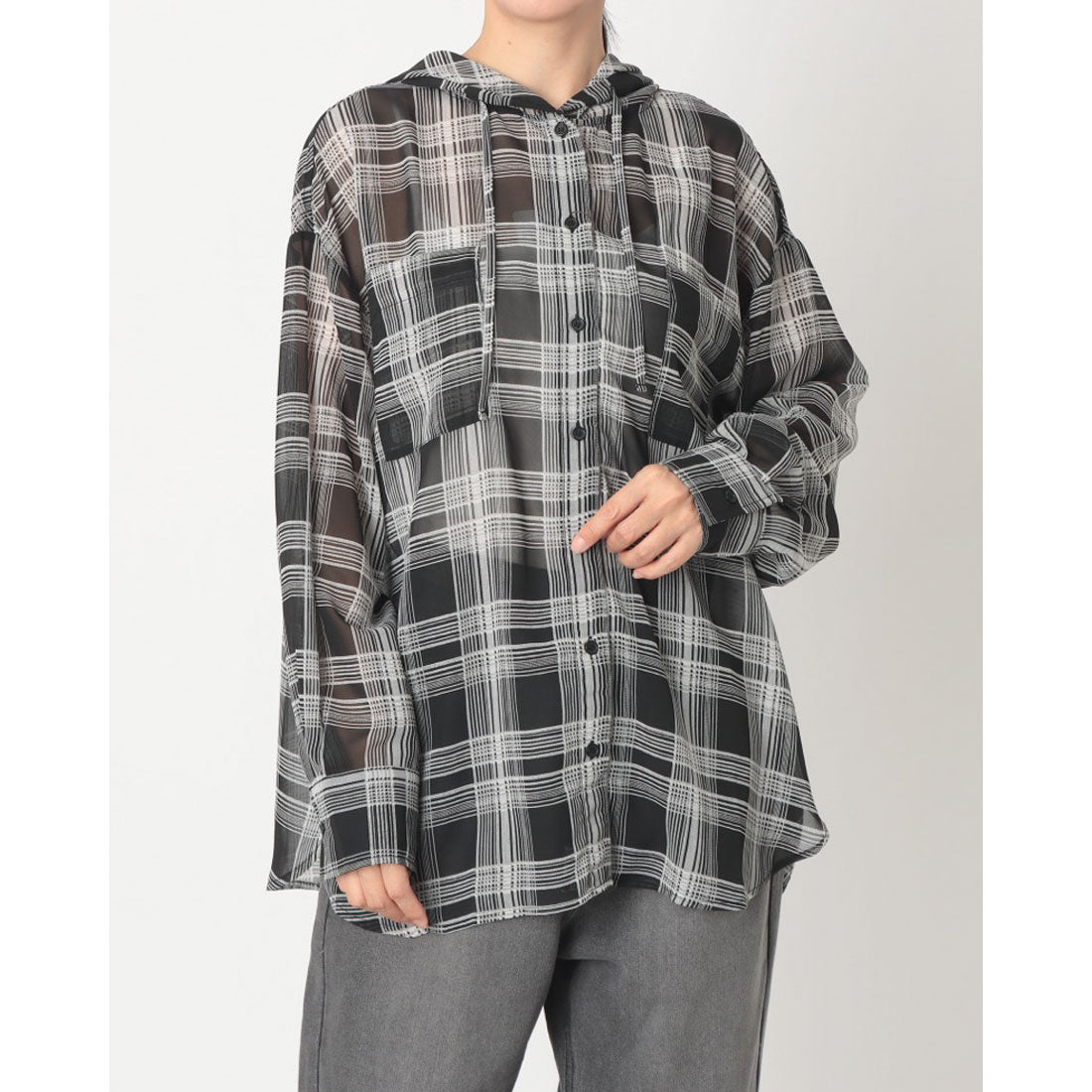 ジーンズメイト JEANS MATE C-FORT POINT シアー チェック フードシャツ （スミクロ） スミクロ