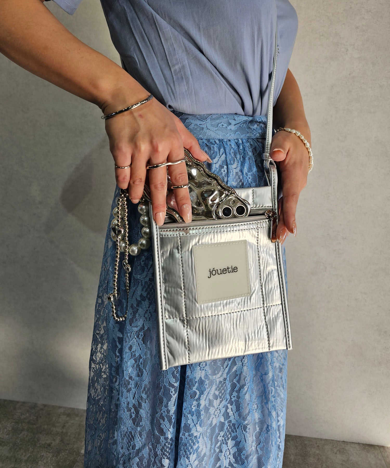 Jouetie Metallic PU Quilted Slim Mini Shoulder Bag