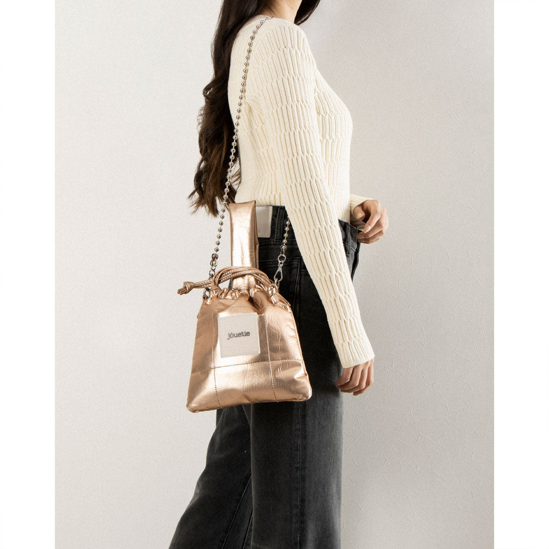 Jouetie Metallic PU Quilted Drawstring Shoulder Bag