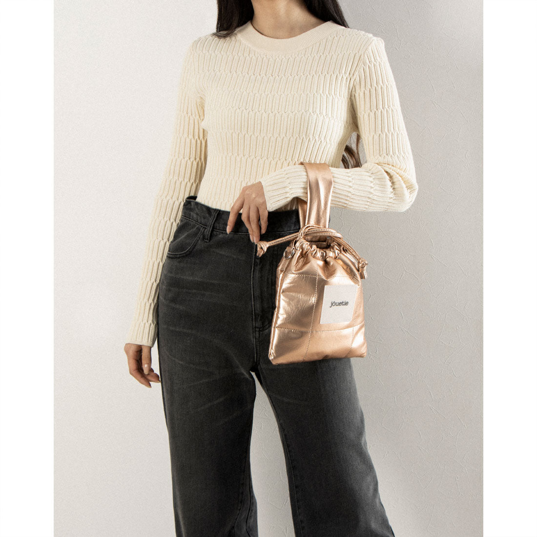 Jouetie Metallic PU Quilted Drawstring Shoulder Bag