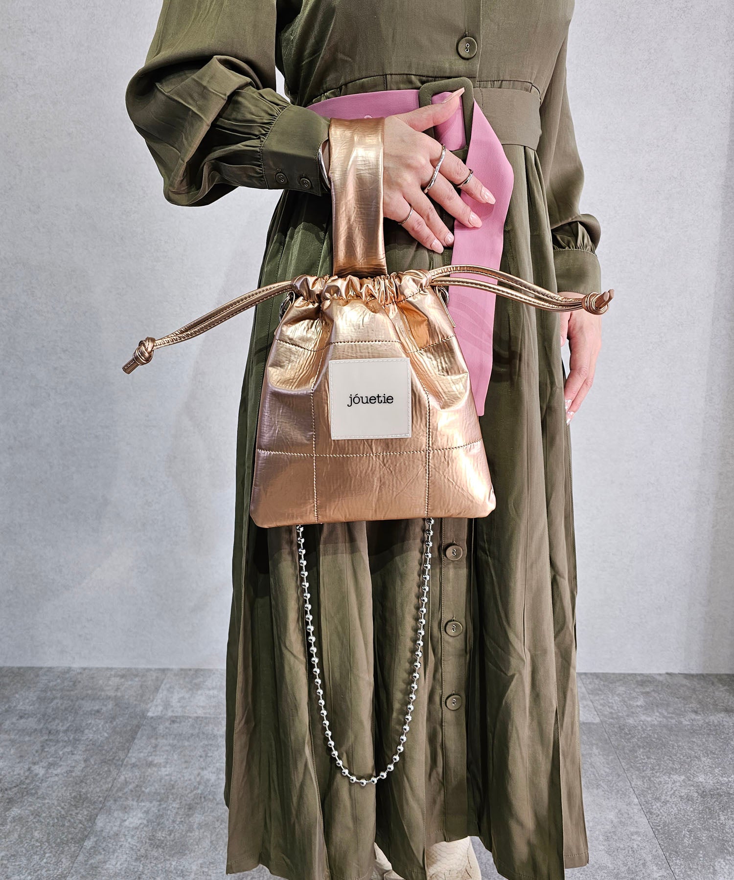 Jouetie Metallic PU Quilted Drawstring Shoulder Bag