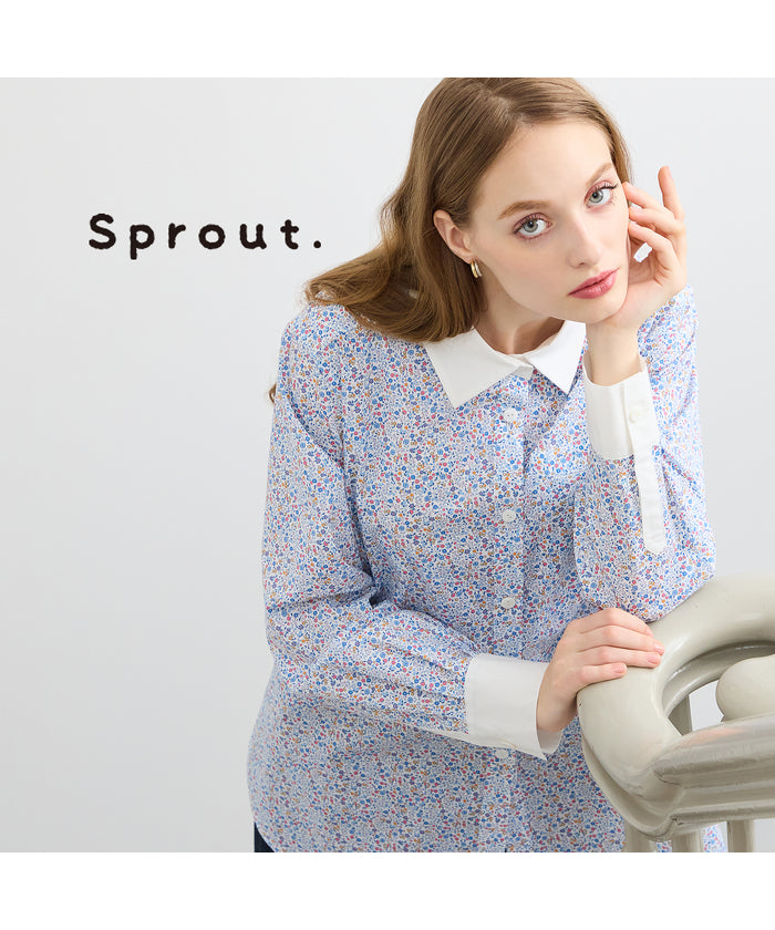 リリアンビューティ Liliane Burty 【Sprout.】イタリア製素材配色使いライン/小花プリントブラウス （ブルー） ブルー
