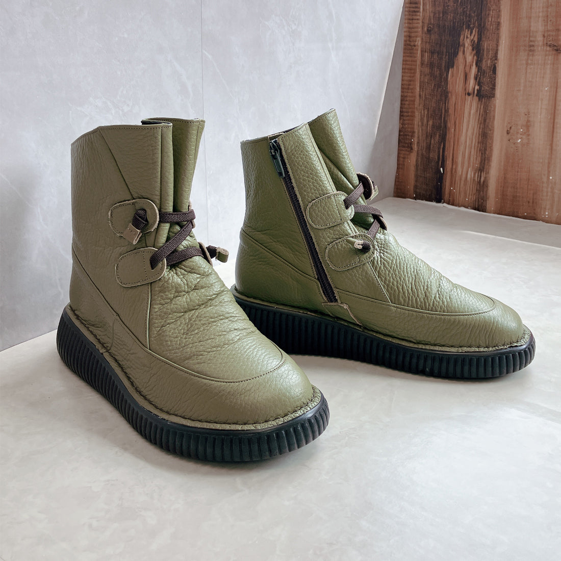 ジェイエス ハートレーベル JS Heartlavel 幅広ボリュームソール レースアップレザーブーツ 日本製 （カーキ） カーキ