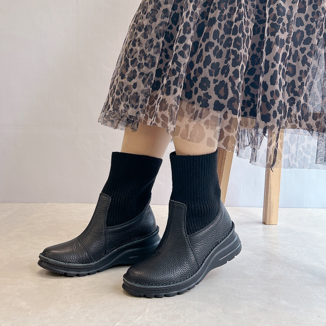 ジェイエス ハートレーベル JS Heartlavel 2WAY レザー＆ニット 異素材カジュアルレザーミドルブーツ 日本製 （ブラック） ブラック