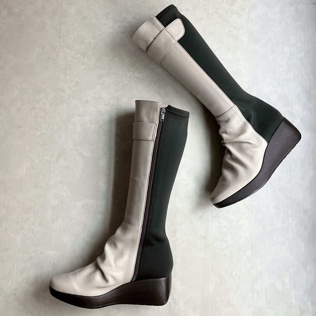 JS Heart Label Genuine Leather Stretch Combo Long Boots
