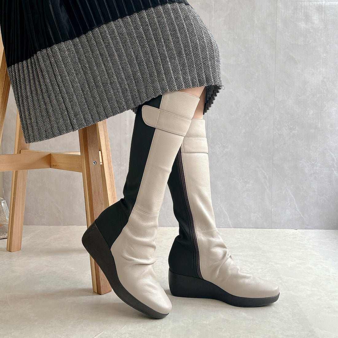 JS Heart Label Genuine Leather Stretch Combo Long Boots